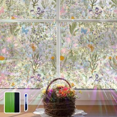 Imagem de Flortlias Película de privacidade para janela floral, vitral, decorativa, arco-íris, para decoração de vidro, banheiro, porta, carro, flores silvestres com ferramentas, 180 x 28 cm