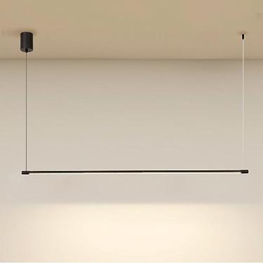 Imagem de Lustre linear preto luz de teto minimalista LED luminária pendente de teto faixa longa lâmpada de mesa de jantar encaixe lustres suspensos para cozinha ilha escritório (cor: luz quente, S