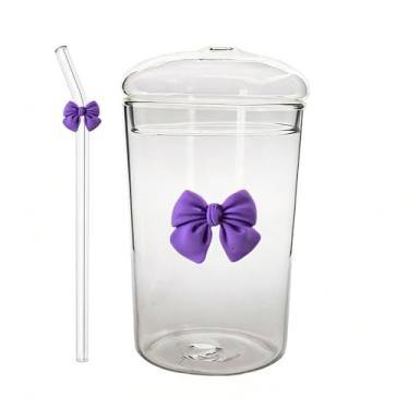 Imagem de Copo de vidro com tampa e canudo de laço – Copo de bebida transparente estético de grande capacidade para suco, café e chá – Utensílios de bebida reutilizáveis fofos para casa, festas e presentes