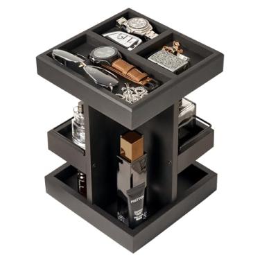 Imagem de Organizador masculino de colônia, suporte de madeira preto com cerca de metal e forro de feltro, suporte de perfume giratório de 3 camadas e prateleira de exibição, compartimento oculto, organizador