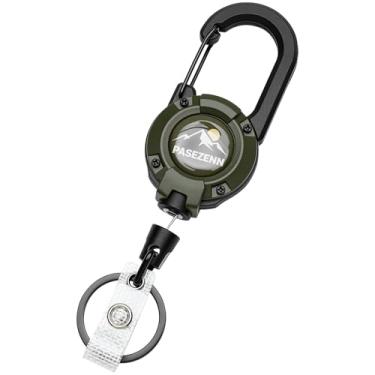 Imagem de pasezenn Chaveiro retrátil resistente, cordão de aço inoxidável de 70 cm, suporte de crachá retrátil, mosquetão para trabalho, verde ao ar livre, 1 pacote