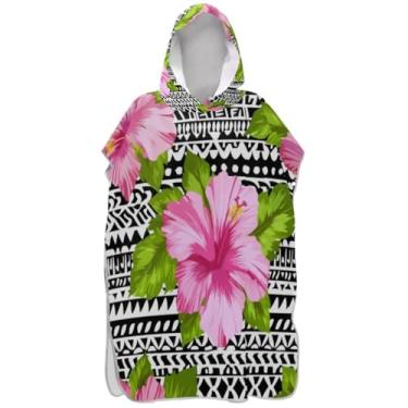 Imagem de Joisal Poncho de surfe para adultos trocador de roupa de praia com capuz toalha de banho reutilizável hibisco flores rosa preto branco poncho masculino com capuz