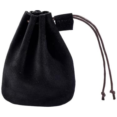 Imagem de Beebeecraft Bolsa de couro com cordão 12 x 10 cm pequena couro de vaca preto medieval vintage moeda bolsa carteira bolsa de troca organizador de armazenamento para joias fone de ouvido feminino