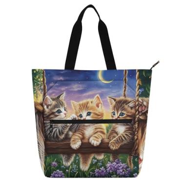 Imagem de GAIGEO Cute Kittens Swing Cat Bolsas femininas para trabalho lona praia livro tote com zíper bolsa de viagem com compartimentos