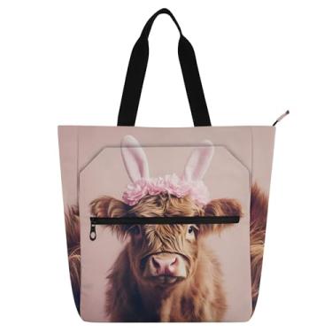Imagem de Sacola feminina para trabalho de coelhinho de vaca Highland da Páscoa, bolsa de praia com zíper, bolsa de praia para crianças, bolsas fofas, presente para amantes de livros