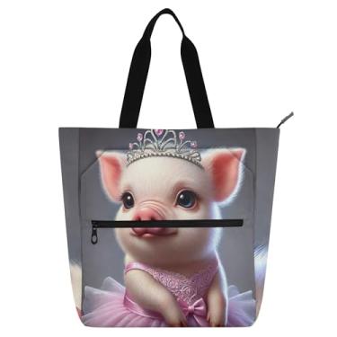 Imagem de Linda princesa porca engraçada bolsa de trabalho feminina bolsa escolar de lona com zíper bolsas professoras presente para amantes de livros