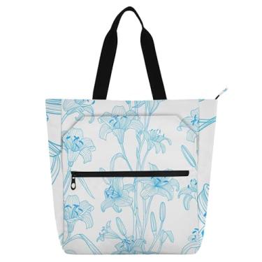 Imagem de GAIGEO Art Lily Flowers Bolsas de trabalho azuis e brancas para mulheres, sacola de lona para escola de praia, presente de tecido para amantes de livros