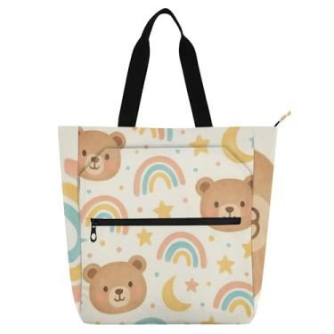 Imagem de GAIGEO Sacola feminina de trabalho bege arco-íris urso fofo bolsa escolar de lona bolsa para livros de uso diário com compartimentos