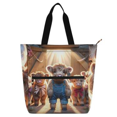 Imagem de GAIGEO Bolsa de trabalho feminina engraçada Highland Cows, animal fofo, bolsa escolar de lona com zíper, bolsa de professor com compartimentos
