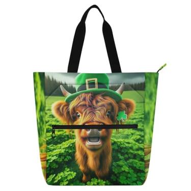 Imagem de GAIGEO Highland Cow Calf St Patricks Sacolas femininas para trabalho lona praia escola sacola infantil presente fofo para amantes de livros bolsas