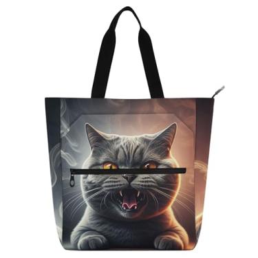 Imagem de GAIGEO Bolsa feminina com estampa de gato cinza irritado, bolsa escolar de lona com zíper, bolsas infantis fofas com compartimentos