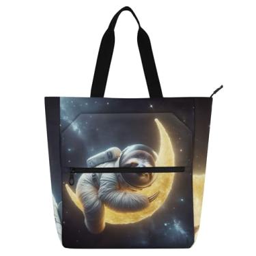 Imagem de GAIGEO Bolsa feminina com estampa de astronauta preguiça e lua, bolsa de trabalho, lona, praia, livros, zíper, presente fofo para amantes de livros