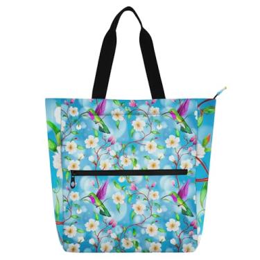 Imagem de GAIGEO Sacola de flores brancas, pássaros, azul, para crianças, mulheres, escola, trabalho, zíper, livro, bolsa carteiro com estampa floral