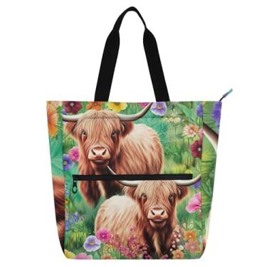 Imagem de GAIGEO Highland Cows Bolsa feminina com estampa floral, bolsa de trabalho de lona com zíper, bolsa de praia, bolsas de viagem, amantes de livros