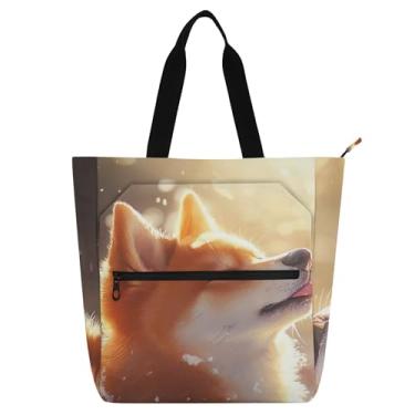 Imagem de GAIGEO Sunlit Shiba Inu Winter Glow Book Tote Bag para crianças e mulheres com zíper nylon resistente à água ombro escola trabalho bolsa de viagem