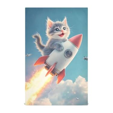 Imagem de Joisal Toalhas de mão de chá fofas gatinho gato foguete toalhas de prato para cozinha panos decorativos para lavar louça panos absorventes de banheiro 45 x 71 cm, pacote com 4