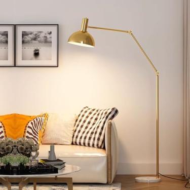 Imagem de Luminária de chão com haste ajustável, em metal polido, estilo clássico preto/dourado, ideal para leitura no sofá, com base de mármore e interruptor de pé.