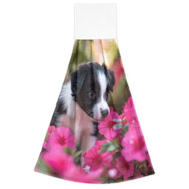Imagem de Joitme Lindas toalhas de mão Border Collie com flores de cachorro com laços pendurados conjunto de 2 toalhas de cozinha ultra absorventes decorativas, 46 x 35 cm