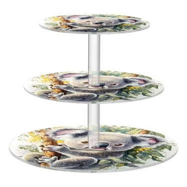 Imagem de Lindo suporte de cupcake de coala, eucalipto, cinza, floresta, chá, festa, 3 camadas, redondo, torre de cupcake, exibição acrílica, suporte de donut, suporte para sobremesa, casamento, pastel