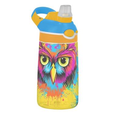 Imagem de Garrafa de água infantil Tritan de 473 ml, portátil, garrafa de água de plástico de 473 ml com canudo reutilizável à prova de vazamento, alça de transporte, desenho animado coruja legal
