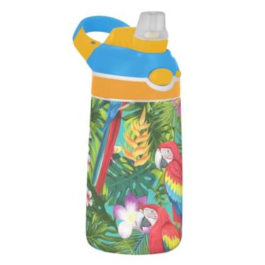 Imagem de Garrafa de água colorida de folhas tropicais de papagaio infantil 473 ml Garrafa de água esportiva portátil com tampa de canudo Tritan 473 ml Copos de viagem reutilizáveis para crianças à prova de