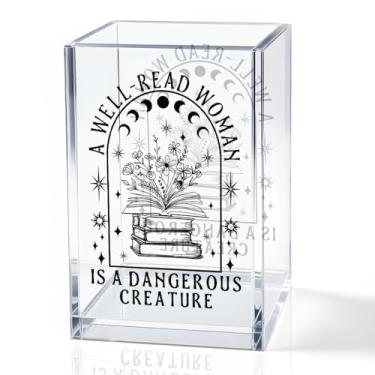 Imagem de QYUVK Porta-lápis de acrílico A Well-read Woman Is A Dangerous Creature, organizador de mesa de livros florais engraçados para amantes de livros, leitores de livros livres, presentes de empoderamento