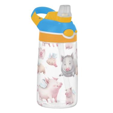 Imagem de Garrafa de água infantil de 473 ml reutilizável de plástico Tritan de 473 ml com canudo copo infantil portátil à prova de vazamento, alça de transporte, adorável porco cinza rosa branco
