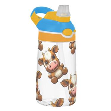 Imagem de Garrafa de água branca com desenho animado de vaca fofa infantil Tritan de 473 ml Garrafa de água esportiva reutilizável com tampa de canudo 473 ml à prova de vazamento infantil copo portátil, alça de
