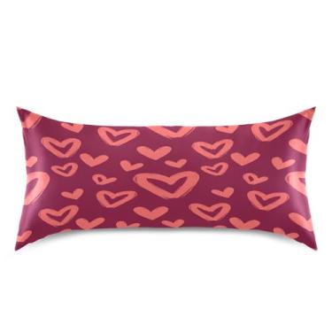 Imagem de Blueangle Fronha de cetim refrescante para cabelo e pele, capa de travesseiro de coração vermelho dos namorados, tamanho king 50,8 x 101,6 cm com fecho de envelope (836)