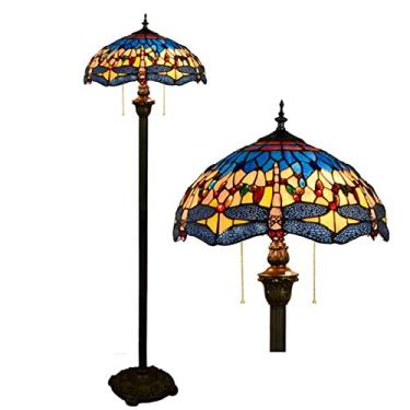 Imagem de Luminária de chão Tiffany [2 lâmpadas][40,6 cm L x 157,5 cm A] Luminária de chão decorativa de Natal em estilo libélula antiga com vitral, luminária de leitura para sala de estar, quarto e c