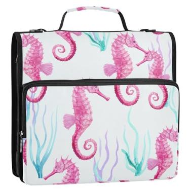 Imagem de Fichário fofo com 3 anéis de 3 anéis, rosa, cavalo-marinho, planta aqua, branco, zíper branco, pasta de armazenamento com alça para fichários escolares com alça de ombro