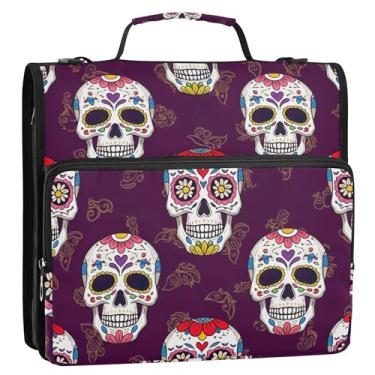 Imagem de Fichário divertido de 3,8 cm com 3 anéis, anel D, crânios de flores, roxo, com zíper, organizador de fichário, comporta 500 folhas, bolsa escolar com alça de ombro
