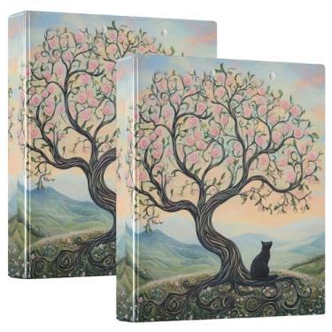 Imagem de Fichário de três anéis de gato com árvore de rosas caprichosas de 3 cm, 200 folhas, com estampa animal, fichário de receitas de anel redondo, 31,5 x 27 x 6 cm, pacote com 2