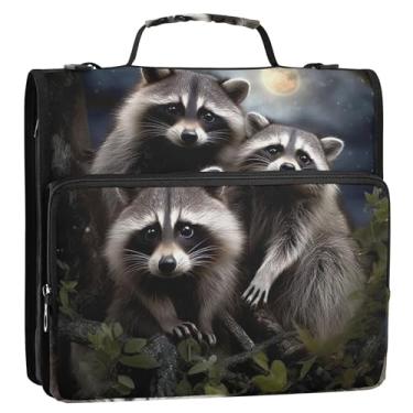 Imagem de Fichários engraçados de 3 anéis, anel D de 3 cm, fofo, guaxinim, lua, noite, zíper, pasta de armazenamento, pasta de portfólio com alça, bolsa escolar com alça de ombro