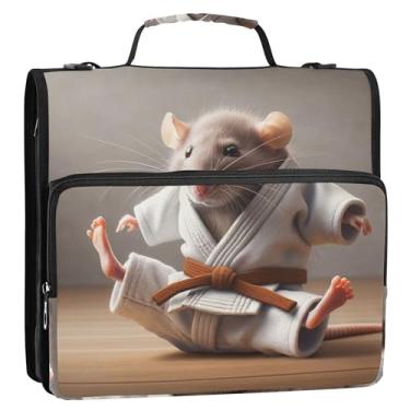 Imagem de Organizador de fichário com zíper, rato de karatê, fofo, 3 anéis, 3 anéis, bolsa de documentos, resistente, com alça de ombro, pasta de portfólio de armazenamento com alça de ombro com alça