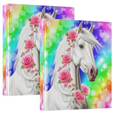 Imagem de Fichários personalizados com 3 anéis de cavalo branco rosa rosa de 3 cm comporta 200 folhas, 3 pastas de anéis, fichário de receita de anel redondo, 31,5 x 27 x 6 cm, 1 pacote