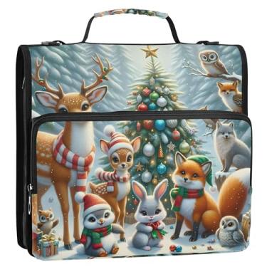 Imagem de Pasta organizadora para viagem de 3 cm com 3 anéis de animais de Natal, veados, raposa, com zíper, pasta de armazenamento com alça e alça para escola