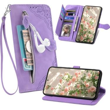 Imagem de Ephoou Capa carteira para Xiaomi 15T com 7 porta-cartões e bolso com zíper, capa flip de couro PU à prova de choque com alça de pulso, suporte e fecho magnético para Xiaomi 15 T SZY-roxo