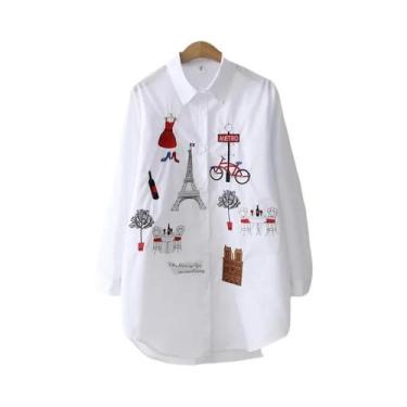 Imagem de Blusa de Algodão Branca Bordada com Botões - Manga Comprida - Camisa C