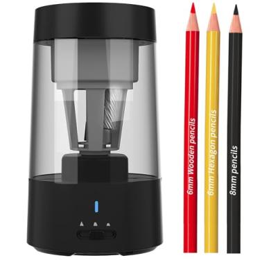 Imagem de Zhjvihx Apontador de Lápis Elétrico, Lâmina Helicoidal de Motor Potente, Parada Automática, Saída Automática, 3 Configurações Ajustáveis ​​para 2 Lápis, de Cor, Com Lixeira de 400 (Preta)