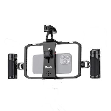 Imagem de Zeadio Gaiola de celular de liberação rápida, gaiola versátil de alumínio com modos de alça dupla – suporte universal de telefone para gravação/YouTube/transmissões ao vivo/filmagem de mesa/conteúdo