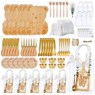 Imagem de Prêmios de chá de bebê para vencedores de jogos tábua de queijo em forma de urso conjunto de utensílios de aço inoxidável com cartão de agradecimento sacos de presente para chá de bebê casamento