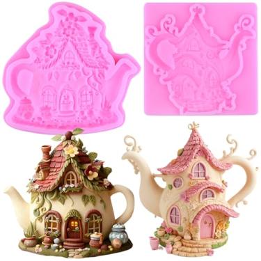 Imagem de MIYAHOUSE Fairy Garden House Fondant Moldes de silicone para decoração de bolos, topo de cupcake, pasta de goma de chocolate, argila de polímero, conjunto de 2