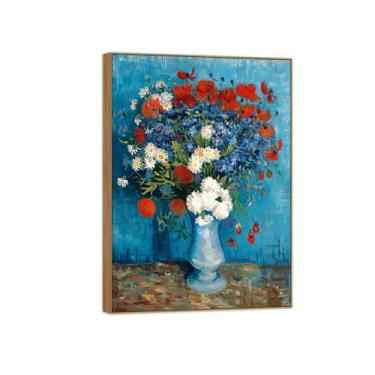 Imagem de BMZFYBS Vincent van Gogh Famosa pintura em tela de arte de parede pronta para pendurar. Vaso com flores. Imagem em moldura de madeira para decoração de sala de estar 90 x 125 cm 35 x 49 pol