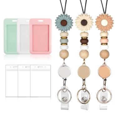 Imagem de Qoroos Conjunto 9 em 3 conjuntos de cordão retrátil para crachá de identificação de professor com suporte de identidade, cordão de separação para mulheres, carretel de crachá de enfermeira, cordão