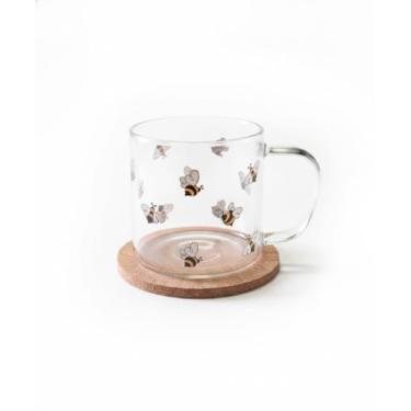 Imagem de Xícara de Vidro Borosilicato com Estampa de Abelhas e Gatos, Caneca Transparente Decorativa com Pires de Cortiça, para Chá e Café