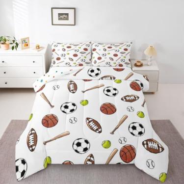 Imagem de jejeloiu Jogo de cama para meninos e meninas, basquete, futebol, beisebol, futebol, solteiro, jogos, esportes, edredom de microfibra, tema esportivo, decoração de quarto, 2 peças com 1 fronha