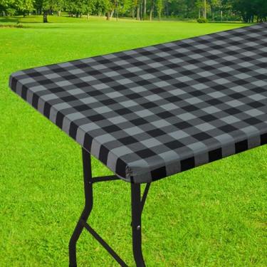 Imagem de Smiry Toalha de mesa retangular de piquenique, toalhas de mesa elásticas à prova d'água, capas de mesa xadrez de búfalo com forro de flanela para jantar, acampamento, ao ar livre (preto e cinza, 76 cm