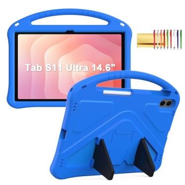 Imagem de Capa infantil para tablet Samsung Galaxy Tab S11 Ultra 2025 de 14,7 polegadas, Techcircle leve, à prova de choque, alça de espuma vinílica acetinada, suporte resistente, azul