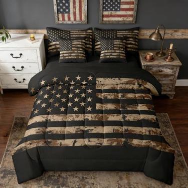 Imagem de Feelyou Jogo de cama de camuflagem com bandeira americana, 7 peças, Queen, para crianças, meninos, meninas, militar, camuflagem, árvores rústicas, folhas, decoração de quarto, respirável, macio